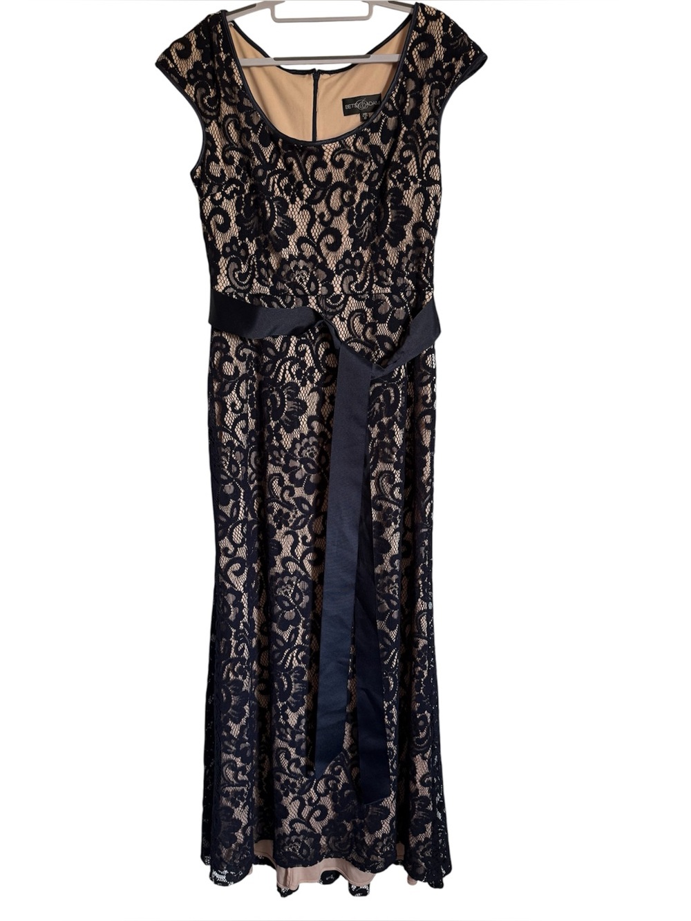 Betsy & Adam Navy Lace Maxi Dress with Nude Lining